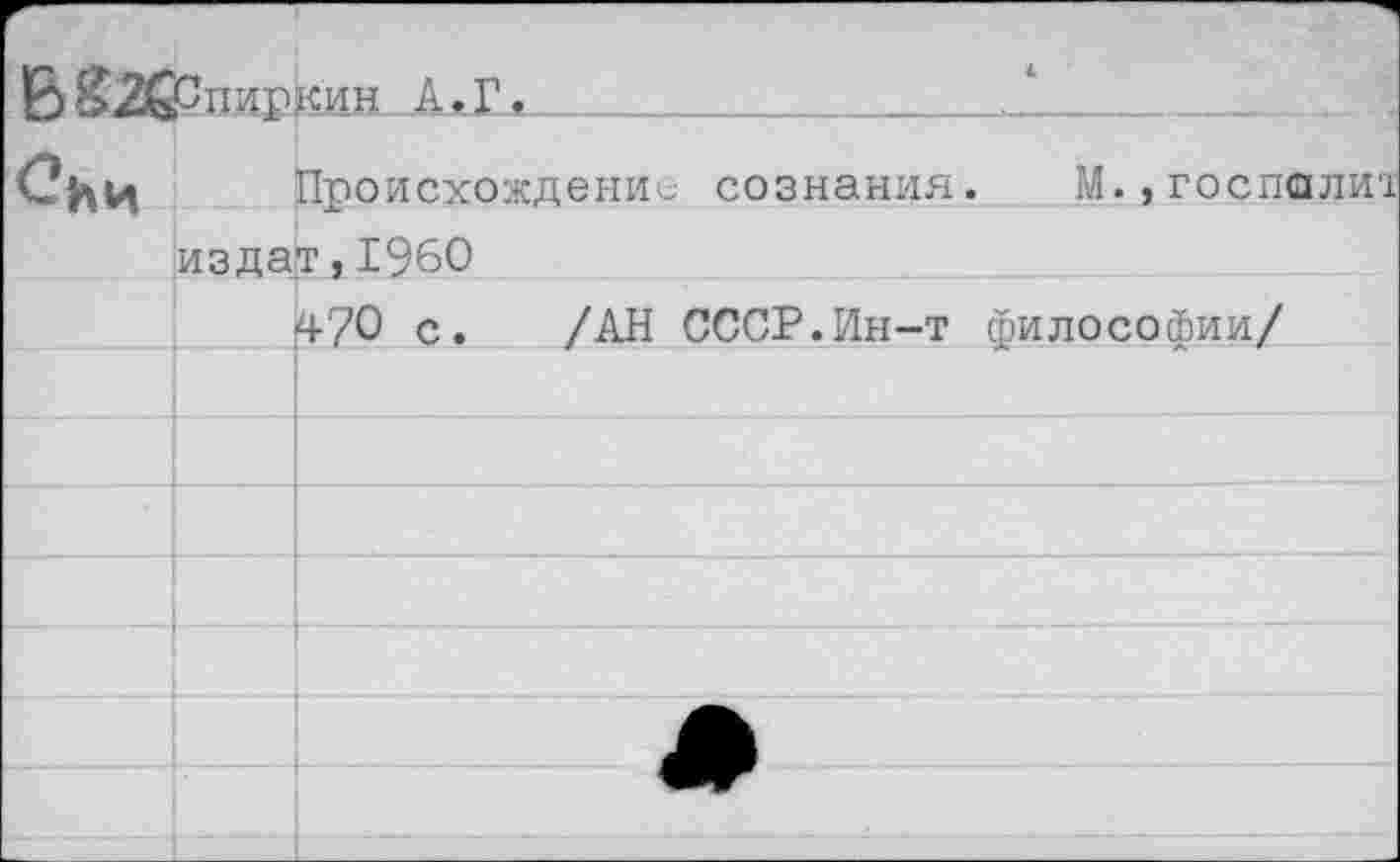 ﻿Б ^2бСпщфин_А» Г________
Происхождении сознания. М.,госпалит издат,1960
470 с. /АН СССР.Ин-т философии/